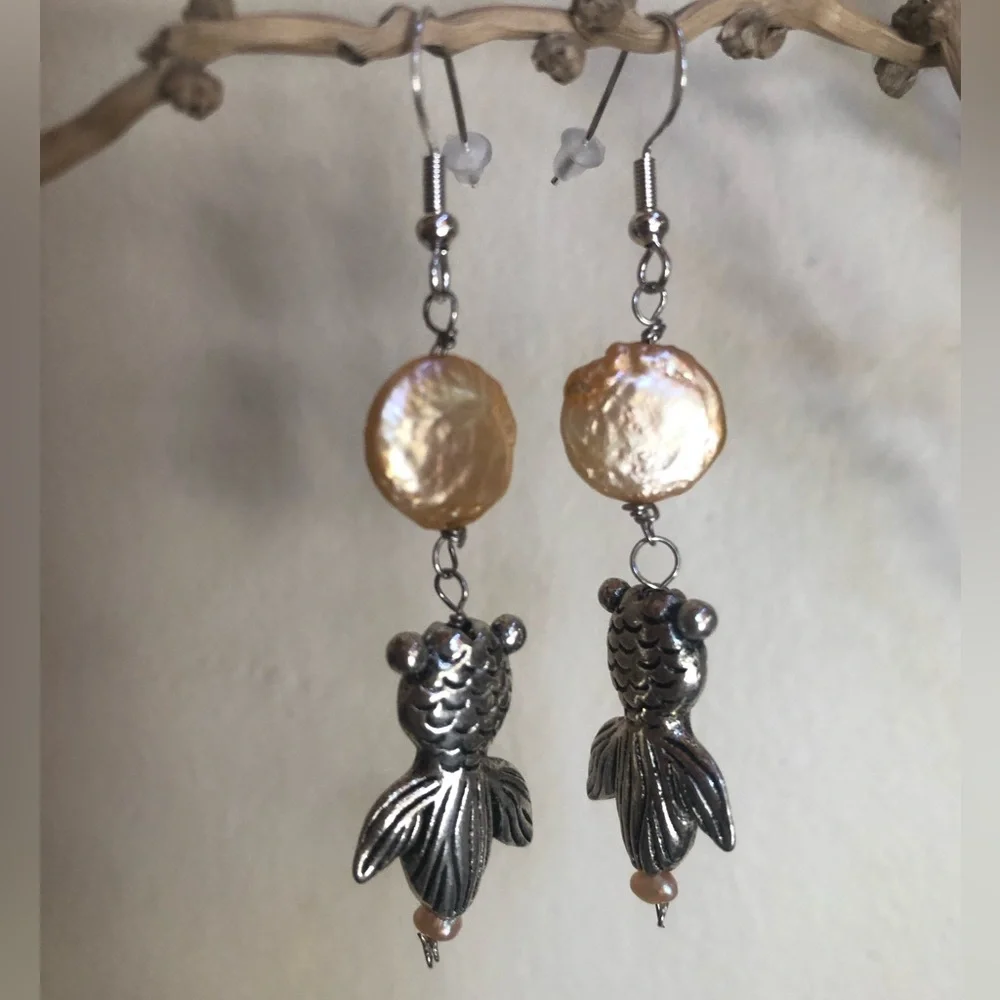 HAND CRAFTED Koi Goldfish Charm Pink Coin / Baroque Pearl Drop Silver Earrings